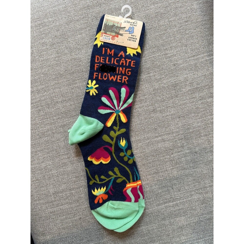 Blue Q Women Crew Socks Delicate F*cking Flower Blue NWT Size 5-10 Funny Novelty